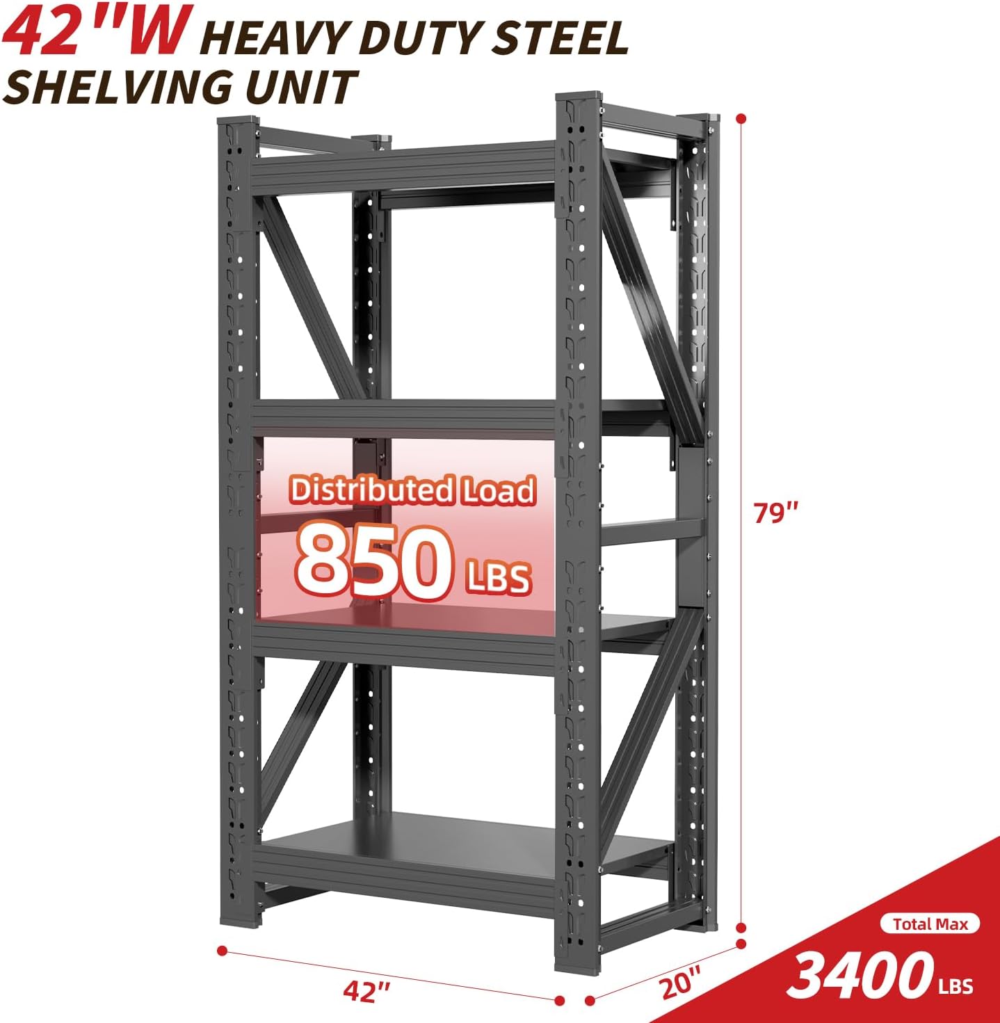 42" W Garage Shelving,4-Tier Heavy Duty Storage Shelves Unit with Adjustable Metal Shelf for Warehouse,Basement,Workshop,3400LBS,42" W x 20" D x 79" H,Black