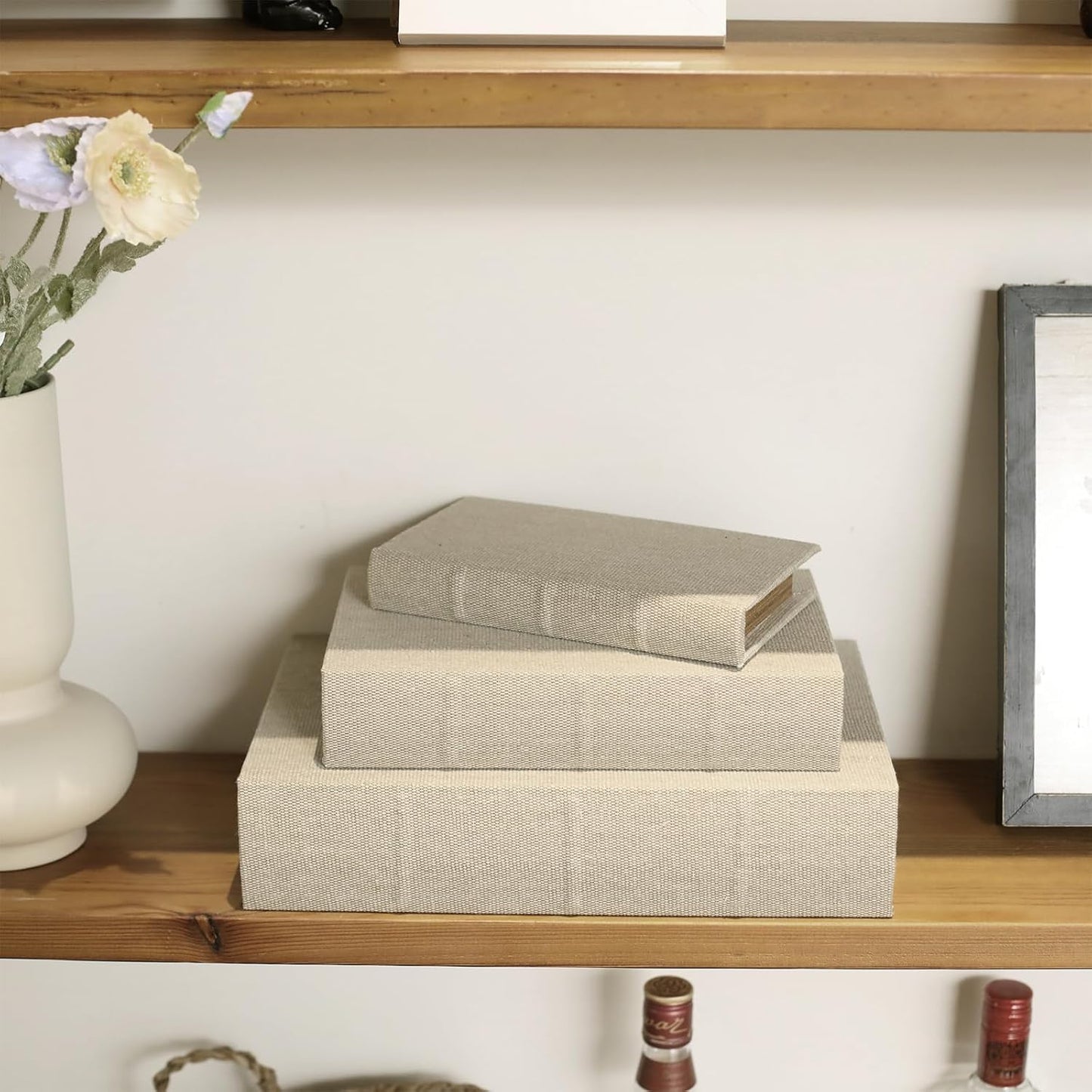 Modern Linen and Wood Decorative Faux Book Boxes Set of 3-13",10",8" - Linen