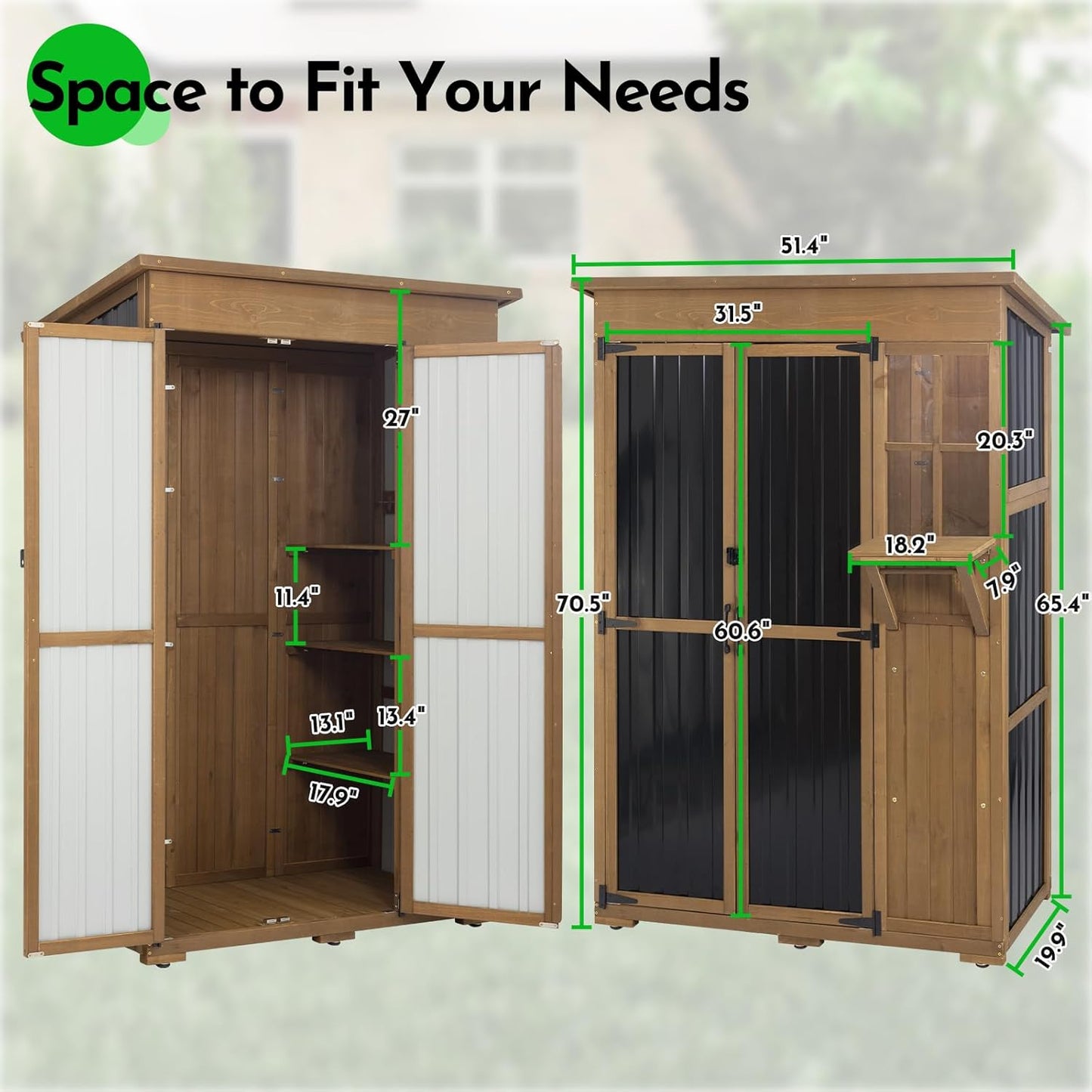 Large Storage Shed, Wood & Metal Outdoor Storage Cabinet with External Foldable Table,Waterproof Roof,Three Shelves, Outdoor Cabinets for Patio Backyard, Garden Garage Tool Shed, Brown