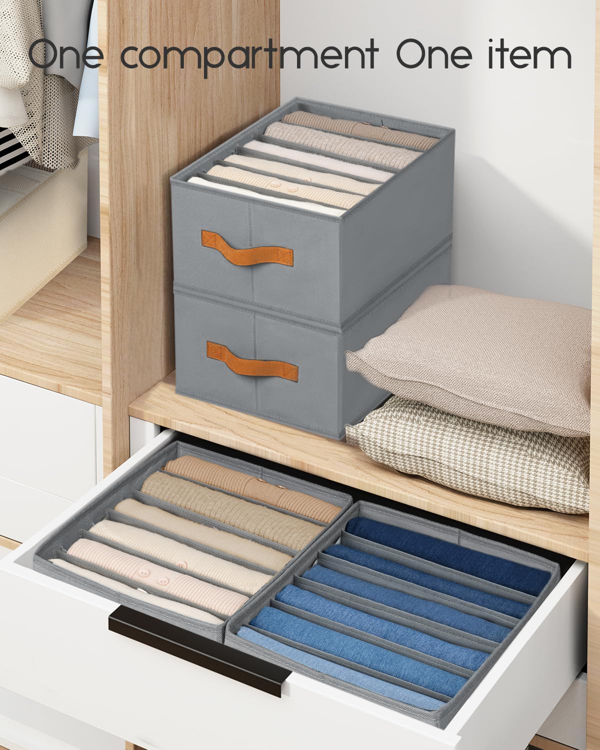 Closet Organizers and Storage - Fabric Clothes Organizer with Handles, Foldable Jeans Organizer for Clothes, Drawer Organizer for Shirts, Bra, Sweater, Scarf, 4 Pack, Grey