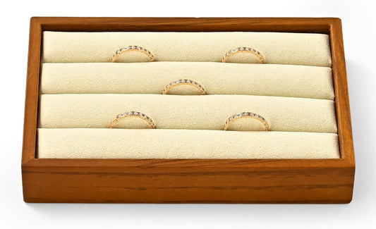 Solid Wood 3-Slots Jewelry Ring Display Tray Showcase Small Jewelry Display Organizer Tray for Rings(M,Beige)