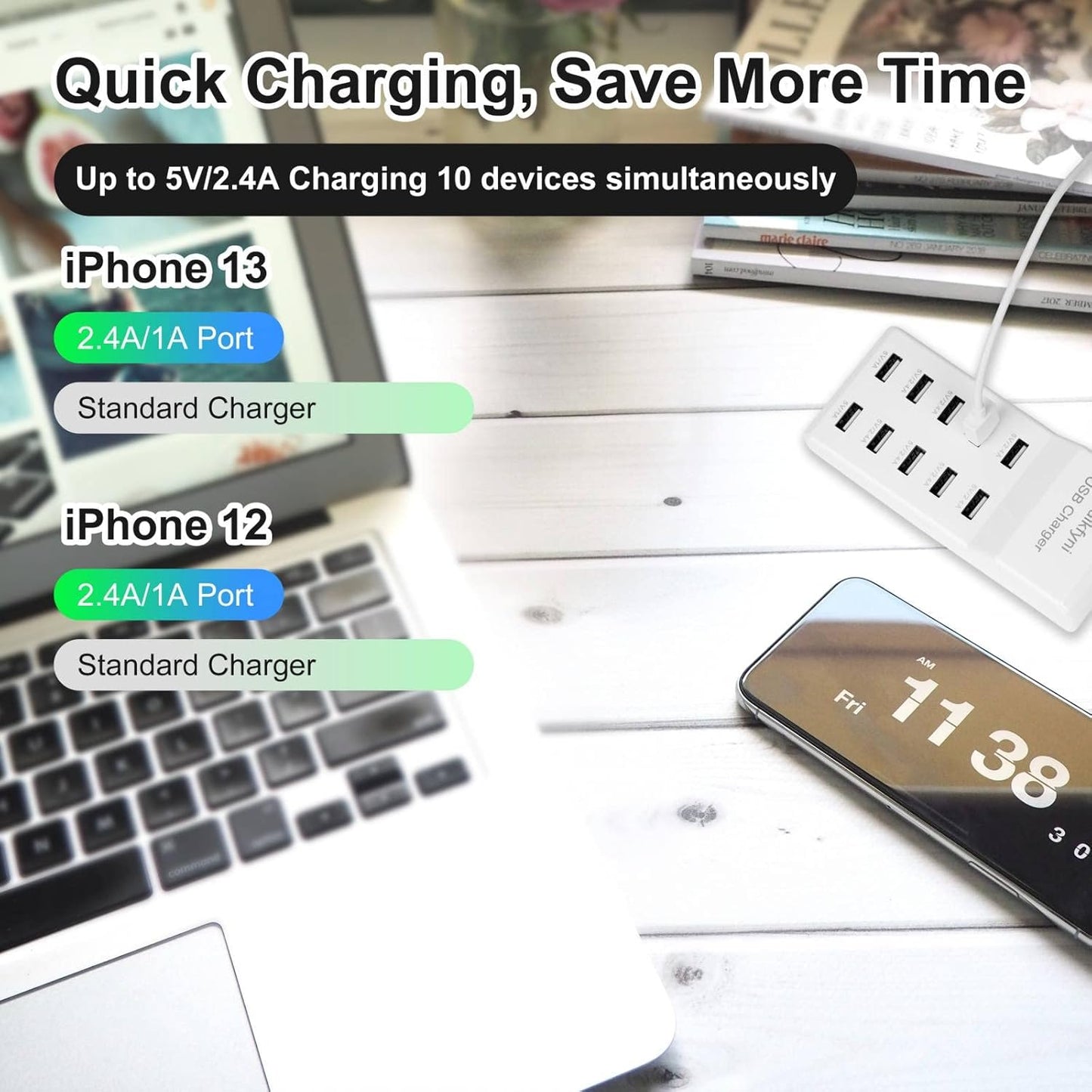 10-Port USB Charger Station, Smart Multiple Charging Block/USB Power Strip for Multiple Devices,Mobile Phones and iPads,Smart Watches Tablets (White)