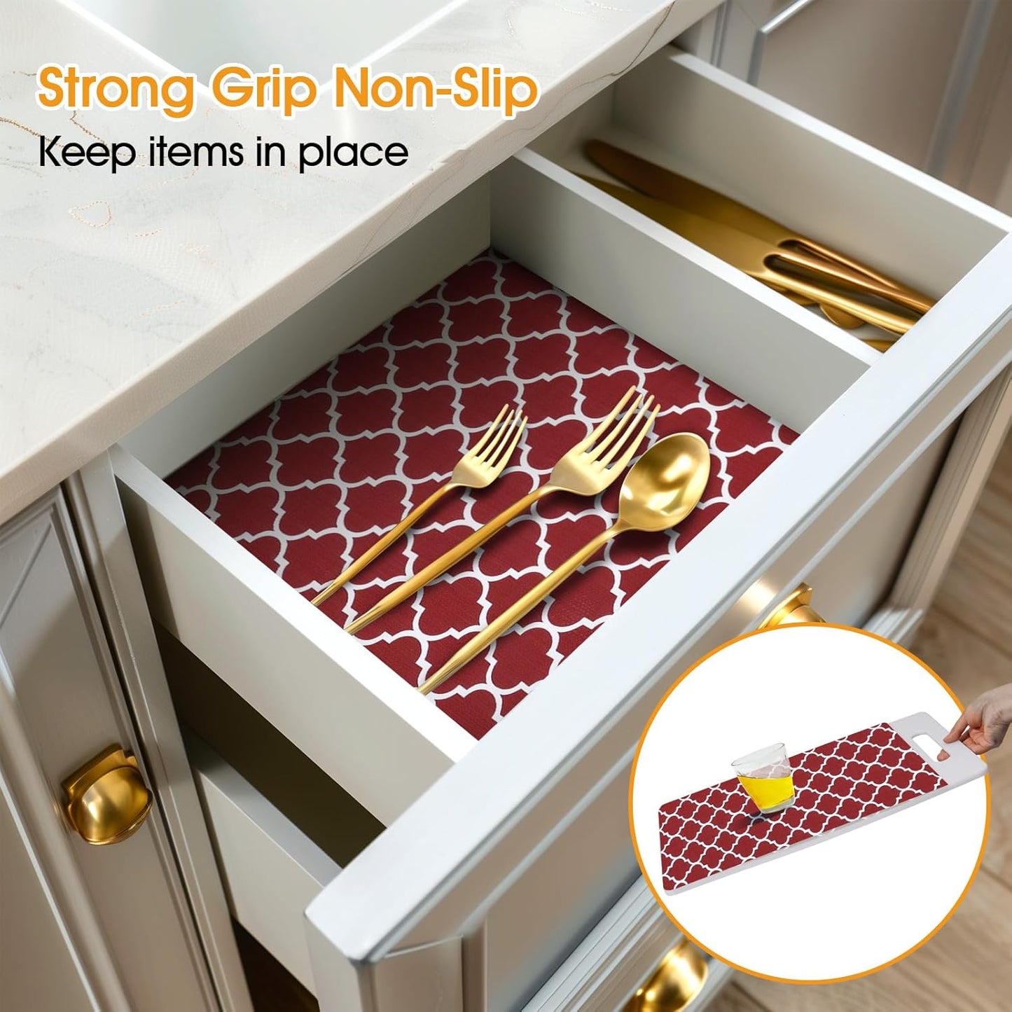 Shelf and Drawer Liner for Kitchen Cabinets Non-Adhesive, Strong Grip Non-Slip Thickened Cabinet Liners for Shelves, Waterproof Mats for Dresser Cupboard, Red/White, 12 in x 10 Feet