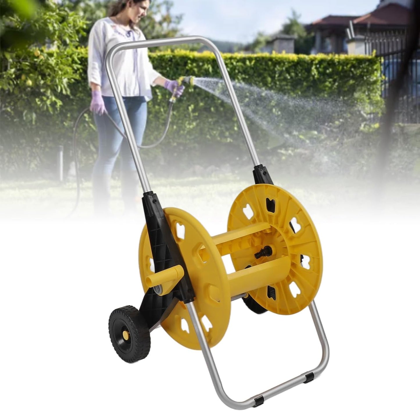 Garden Hose Reel Cart Yellow Hose Reel Trolley Water Hose Cart Holds 80m Water Pipe