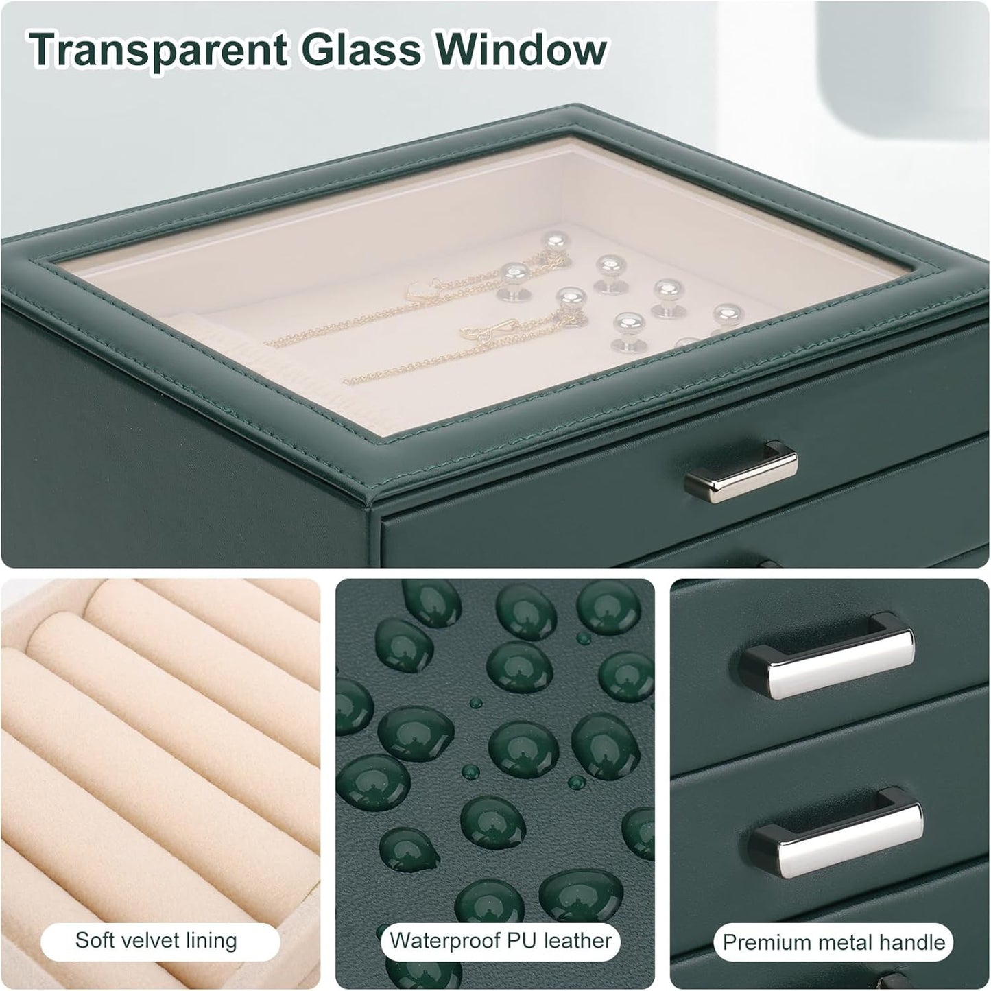 DesignSter Jewelry Box Organizer, Jewelry Box for Women, PU Jewelry Organizer Display Case with Side Drawers, Jewelry Storage for Earring Necklace Ring Bracelet Watch