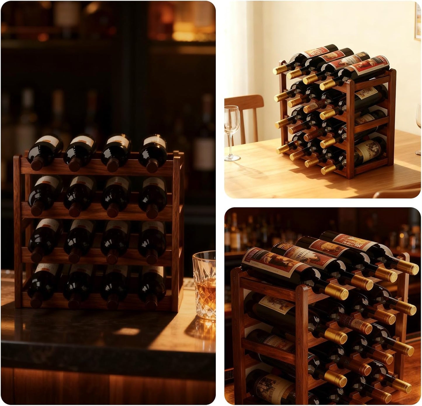 Wine Rack Freestanding Floor, Bamboo Wine Racks Cabinet Shelf 4-Tier 16 Bottles Freestanding Wine Bottle Holder, Retro Minimalist Home Decor Wine Display Rack for Cabinet Countertop