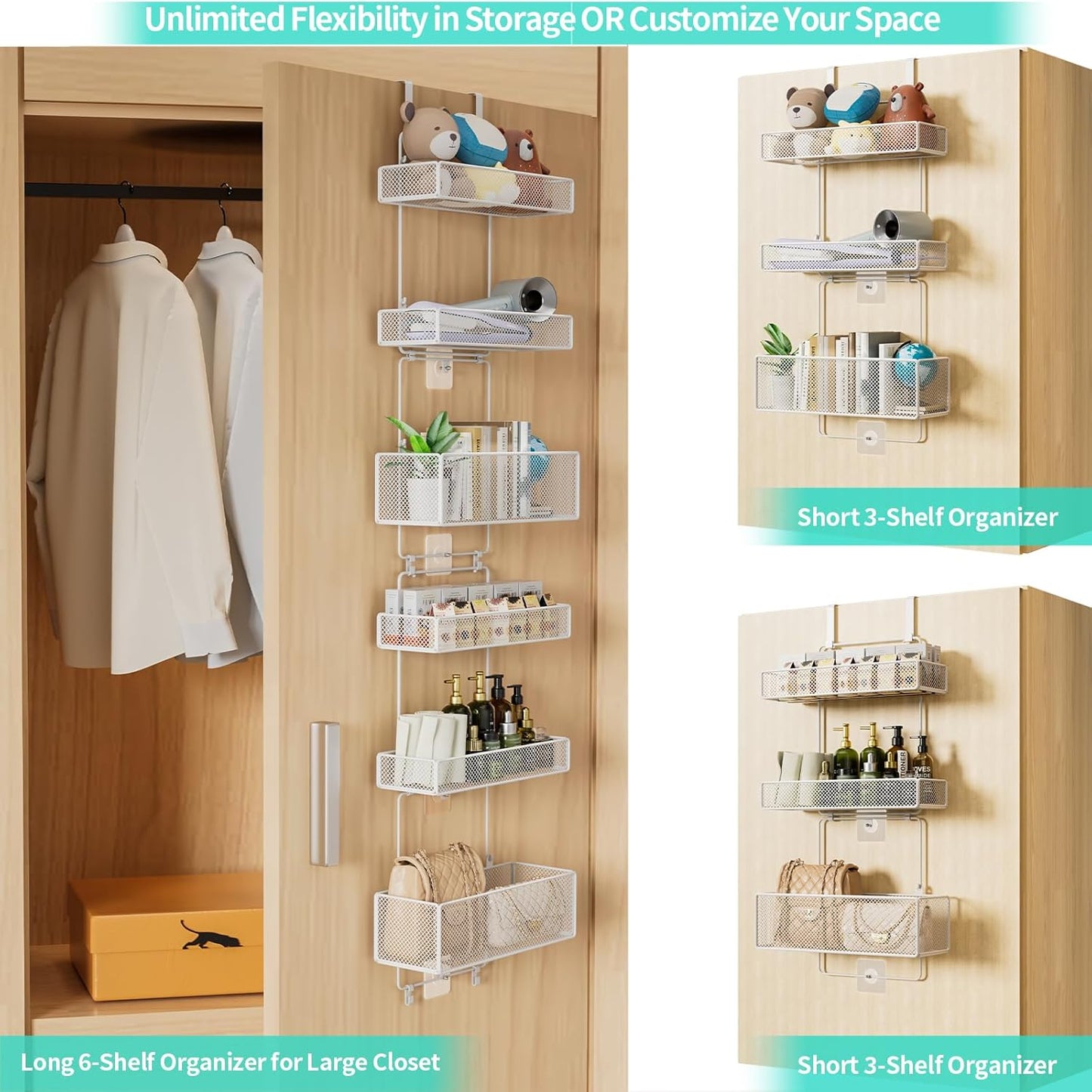 HapiRm Over Door Organizer Storage - Separable Door Organizer Hanging with 6 Metal Large Capacity Baskets for Bathroom Bedroom Kitchen Pantry Closet (White)