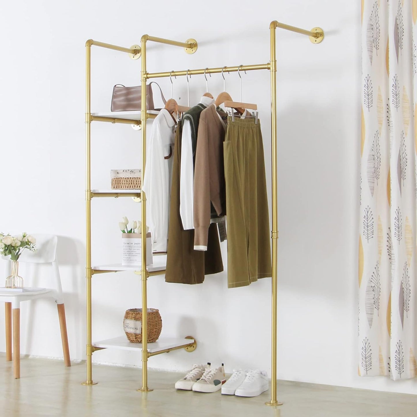 Garment Rack Heavy Duty Clothes Rack for Hanging Clothes, Metal Freestanding Closet Wardrobe Shelf, Gold Industrial Pipe Clothing Racks with Shelves Closet Rods System