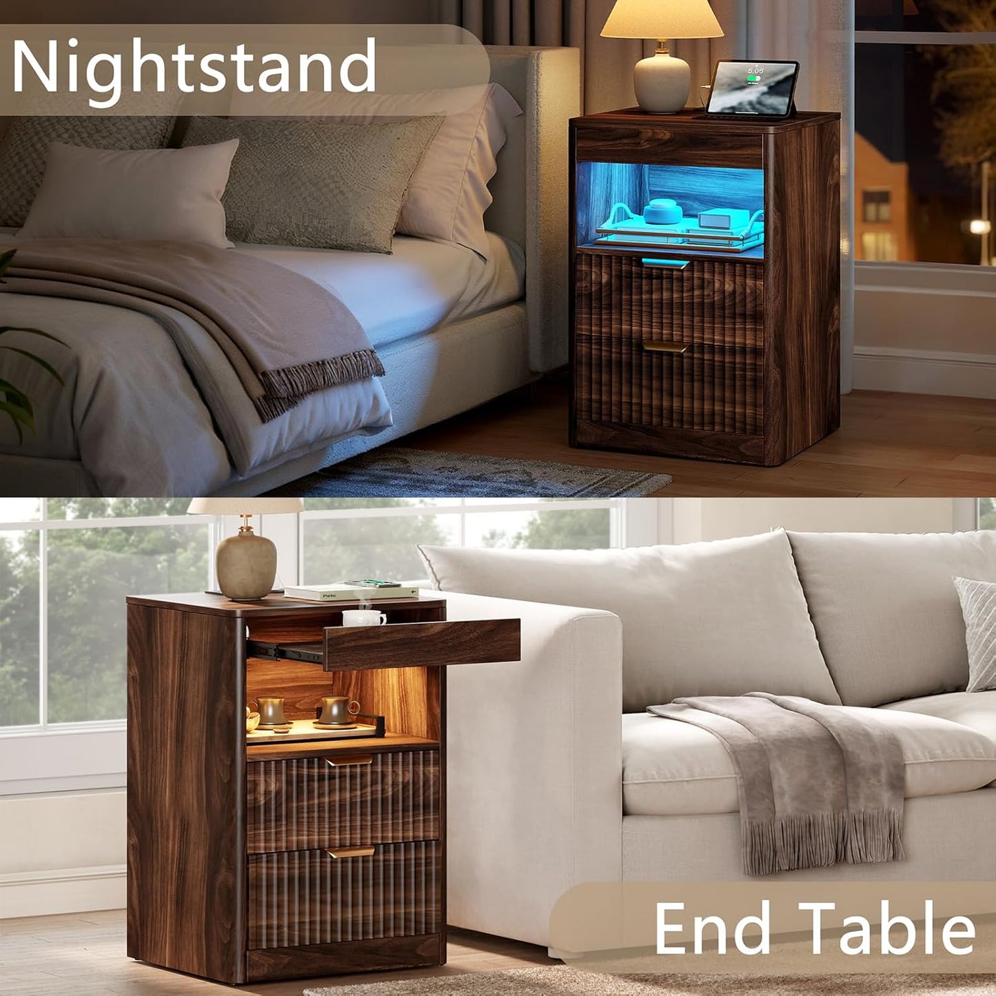 REAHOME Fluted Nightstand with Charging Station, Modern LED Night Stand with 2 Drawers and Pull Out Tray, Wood Bedside Table, End Side Table with Open Shelf for Bedroom,Walnut