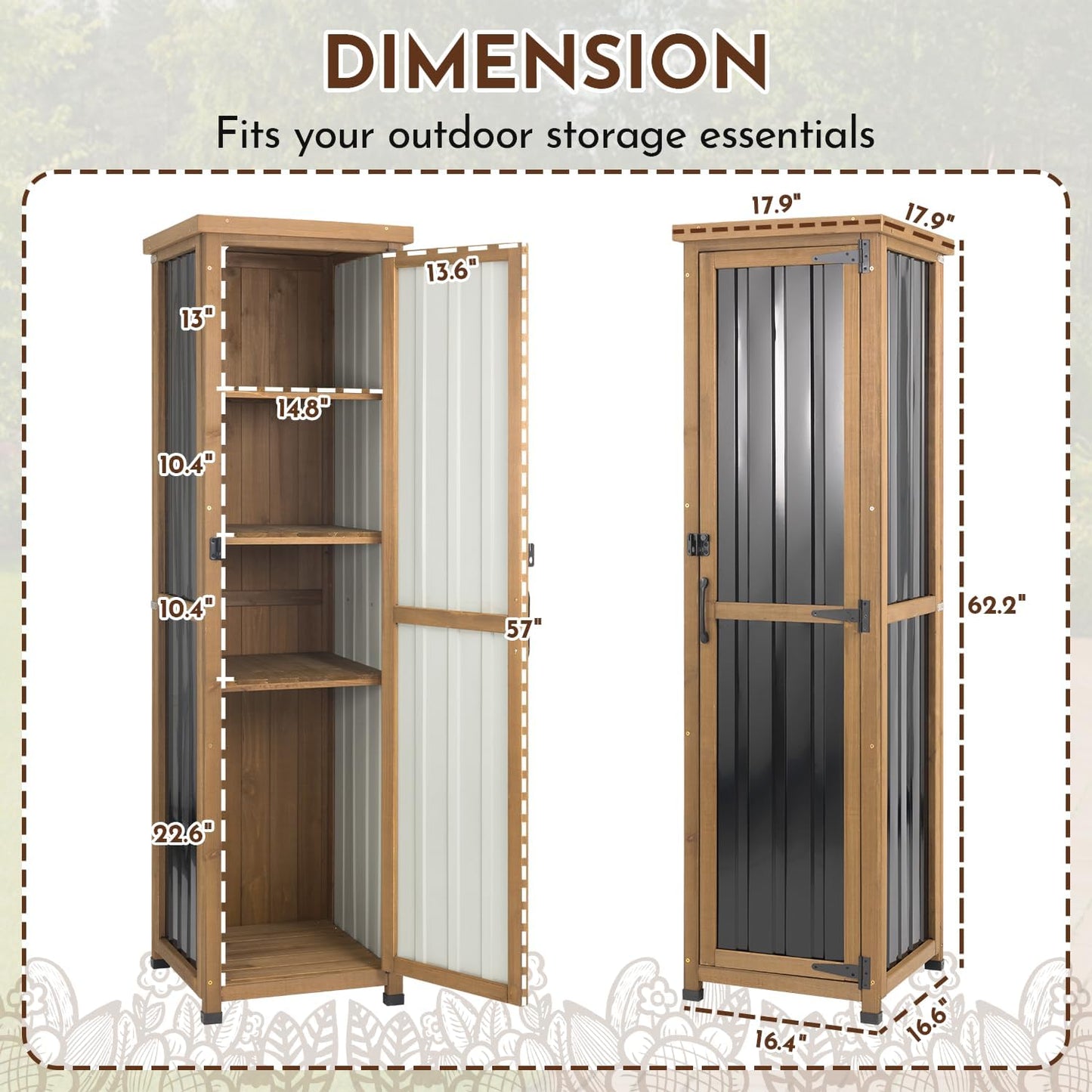 Outdoor Storage Cabinet, 62" Tall Thin Garden Cabinet with Adjustable Shelf and Weather-Resistant Design Farmhouse Accent Cupboard for Patio, Garden, Yard or Porch (18" L x 18" W x 62" H)