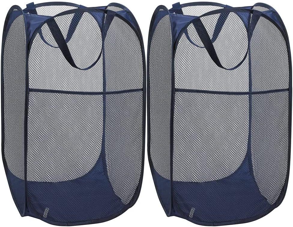 BATTOO Deluxe Strong Mesh Pop up Laundry Hamper Basket with Side Pocket Foldable Hamper for Laundry Room, Bathroom, Kids Room, College Dorm or Travel Navy + Navy