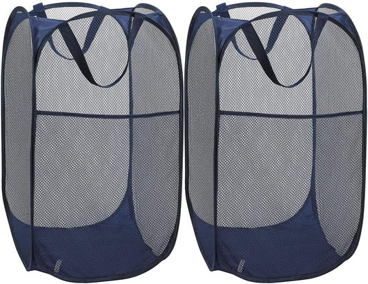 BATTOO Deluxe Strong Mesh Pop up Laundry Hamper Basket with Side Pocket Foldable Hamper for Laundry Room, Bathroom, Kids Room, College Dorm or Travel Navy + Navy