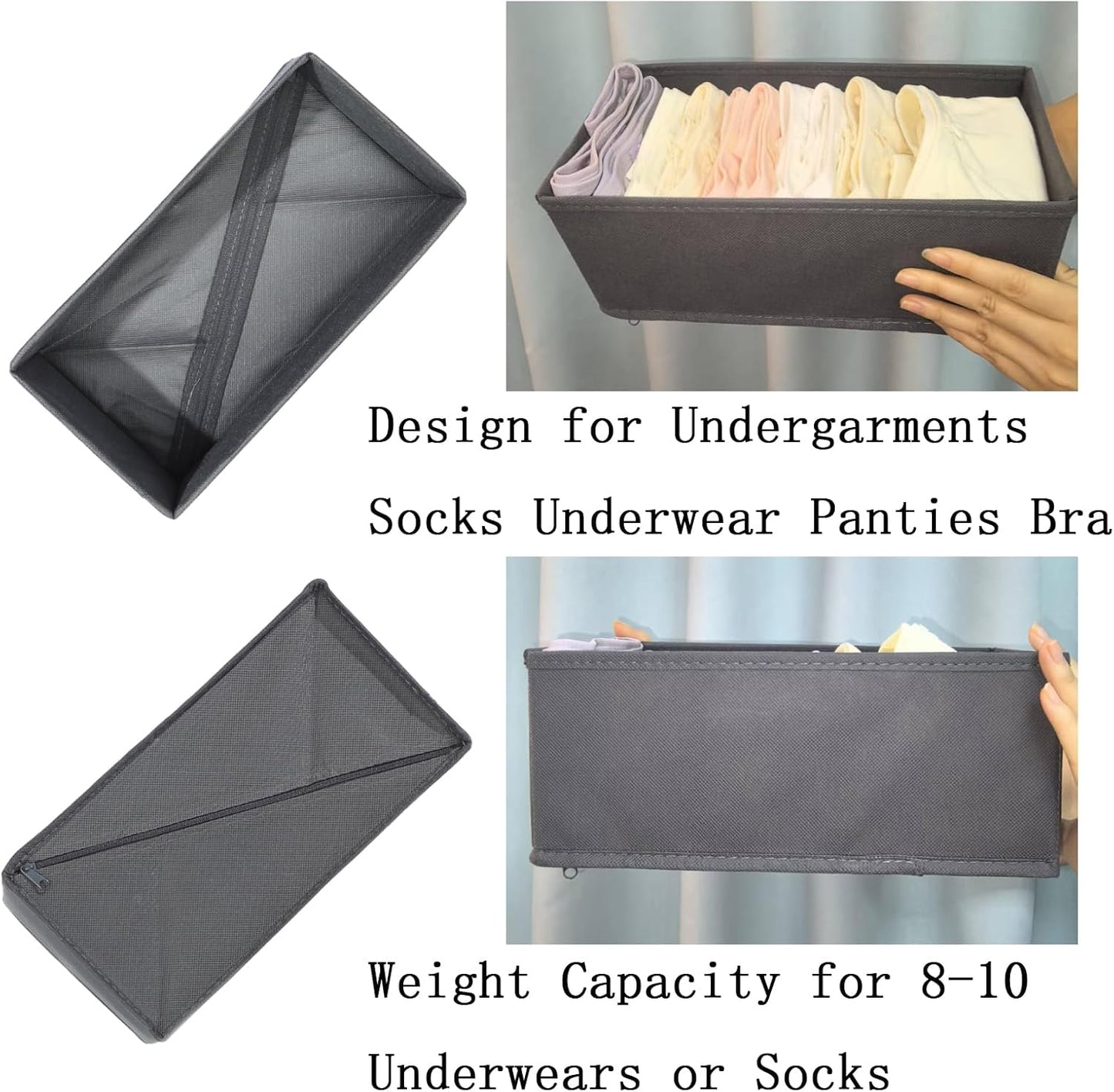 Sock Drawer Organizer Set of 3 Pack Gray, 11' Small Collapsible Fabric Underwear Dividers, Closet Foldable Dresser Storage Bins for Clothing
