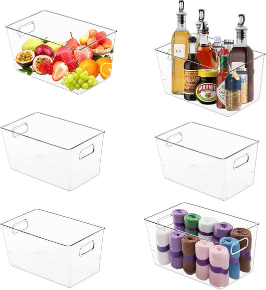MOONEDGE 6 Pack Large Plastic Storage Bins, 11"x8"x6" Food-Grade Clear Containers Safe for Direct Food Contact, Pantry Storage for Kitchen, Fridge & Freezer, Versatile Organizers for Closet & Home
