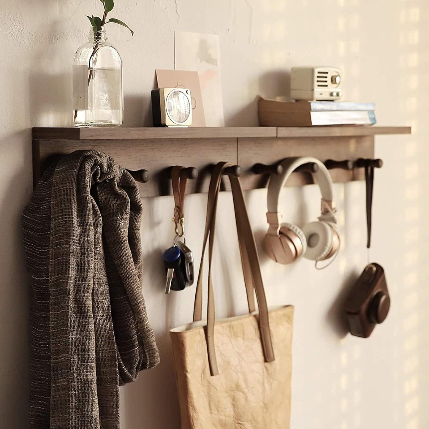 Entrance Coat Rack ，Coat Hooks, Wall-Mounted Wooden Hook Rack, Wall-Mounted Shelves are Very Suitable (Walnut Colored Finish-2)