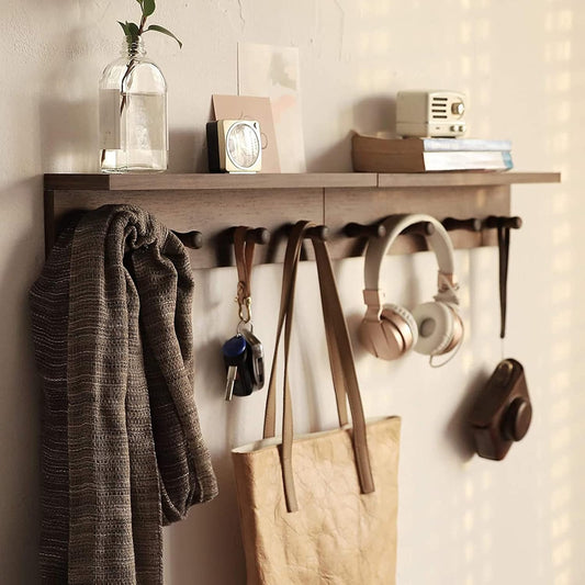 Entrance Coat Rack ，Coat Hooks, Wall-Mounted Wooden Hook Rack, Wall-Mounted Shelves are Very Suitable (Walnut Colored Finish-2)
