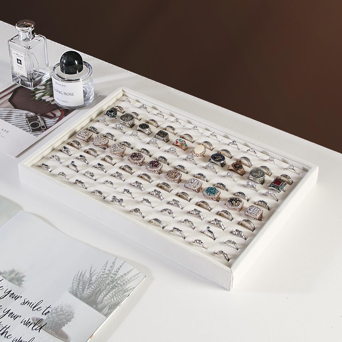 Coward 2Pcs/Set Stackable Ring Organizer Tray Beige Velvet Ring Earring Stud Jewelry Display Holder Tray for Store Selling or Home Show Storage