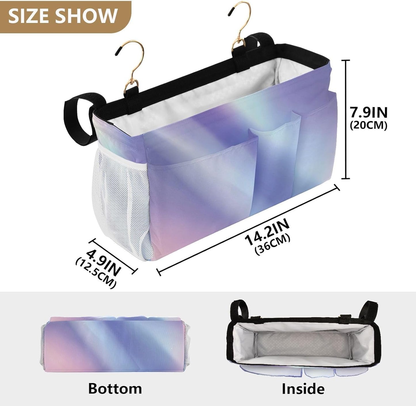 Purple Blue Gradient Bedside Caddy for Dorm Bed Bedside Hanging Caddy Bag Iron Frame Storage Organizer Pocket for Bunk Home College Hospital Beds 2 Hooks