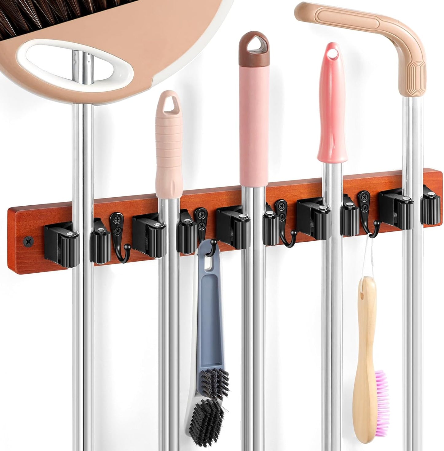 Brown Broom Holder Wall Mount - Heavy Duty Wood Mop and Broom Organizer with 5 Slots & 4 Hooks - Tool Hanger for Laundry Room Closet Kitchen Garage Storage and Organization - for Rusic farmhouse Decor