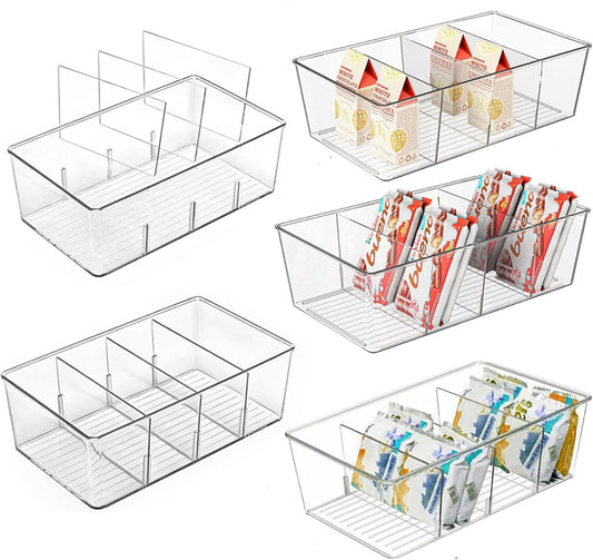5 Pack Pantry Organizers and Storage,4 compartment Snack Containers for Kitchen,Fridge,Refrigerator Organization and Storage,Clear Plastic Bins for Spice,Tea bag,Seasoning organizer
