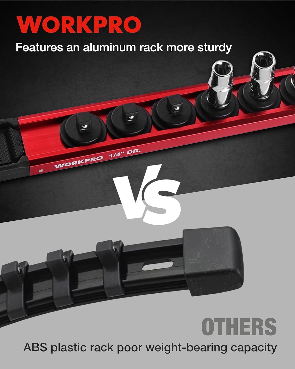 WORKPRO Magnetic Socket Organizer, 1/4" Drive Aluminum Alloy Socket Holder, Heavy Duty Socket Rail with 12 PC Removable Socket Clips, Socket Organizer Tray for Tool Box Drawer (Sockets Not Included)
