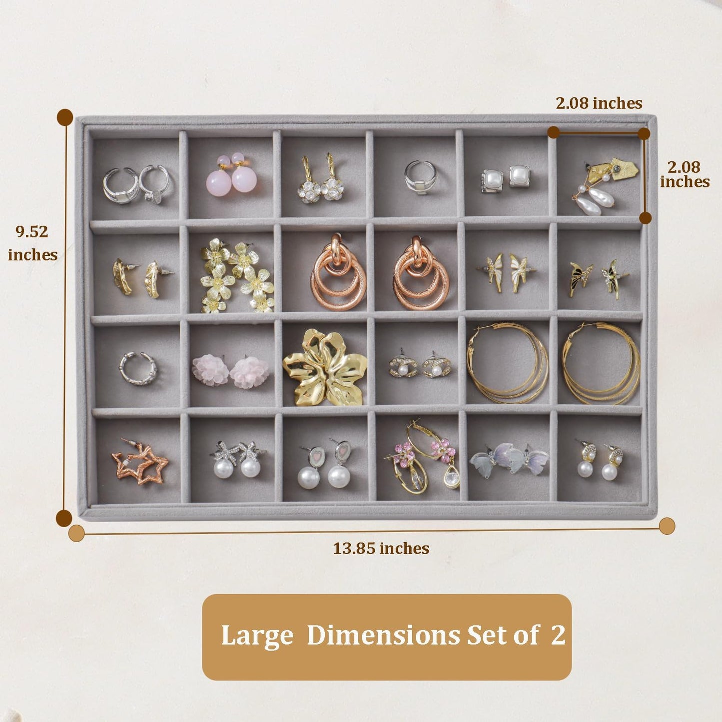 Large Velvet Jewelry Tray 2 Pack Stackable Jewelry Display Drawer Inserts Trays Organizer for Earring Bracelet Necklace Ring (Gray, 24 Grids)