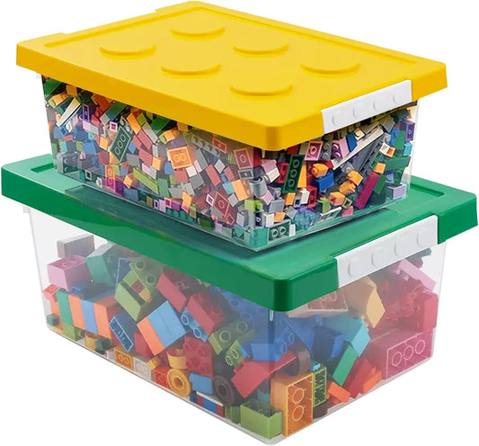 loobuu Plastic Storage Bins with Lids - Stackable Toy Storage Organizer Box Set of 2, Toy Chests with Compatible Building Baseplate and Lid, Storage Container for Building Bricks - Yellow+Green