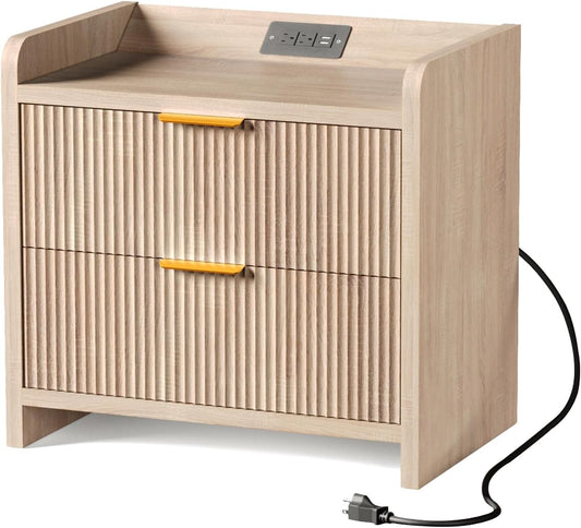 Fluted Nightstand with Charging Station, 23.6" Modern Night Stand with 2 Drawers, Side Table with Storage, Bedside Table for Bedroom, Living Room, Natural Oak