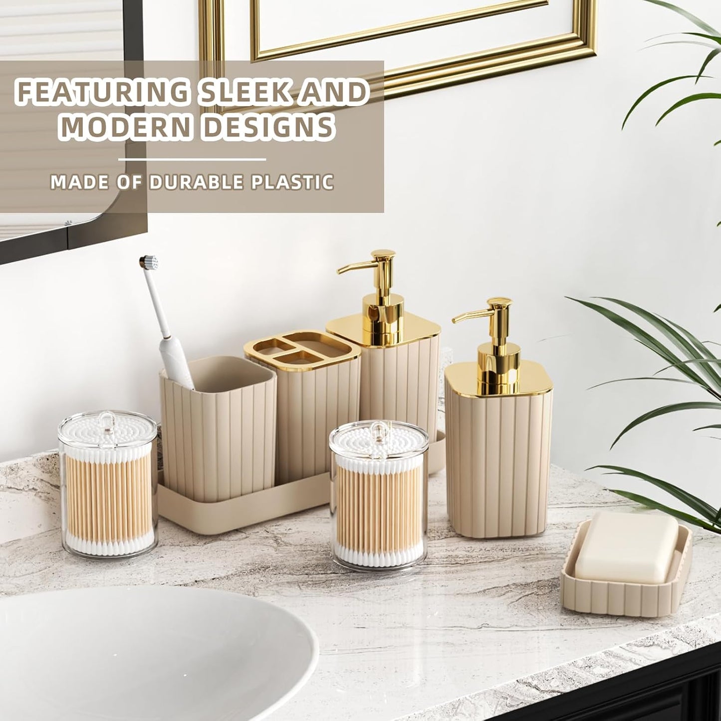 Bathroom Accessories Set - 25PC Bathroom Sets with Shower Curtain and Rugs, Beige Bathroom Accessories with Trash Can, Soap Dispenser, Soap Dish & Toilet Brush