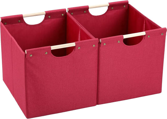 HOONEX Large Collapsible Storage Bins, Linen Fabric, Pack of 2, Storage Baskets with Wooden Carry Handles and Sturdy Heavy Cardboard, for Home, Office, Car, Nursery, Red