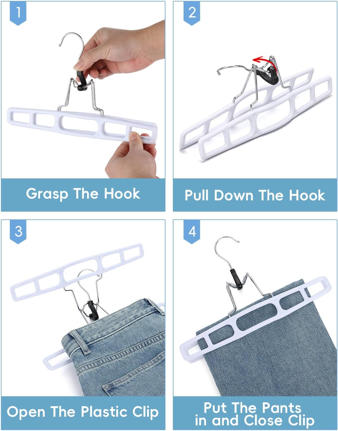 AMKUFO 20 Pack Pants-Hangers Skirt-Hangers, Plastic Pant-Hangers-for-Women Men, Pants-Hangers-Space-Saving, Clamp Hangers-for-Pants Jeans Shorts Tie Belt