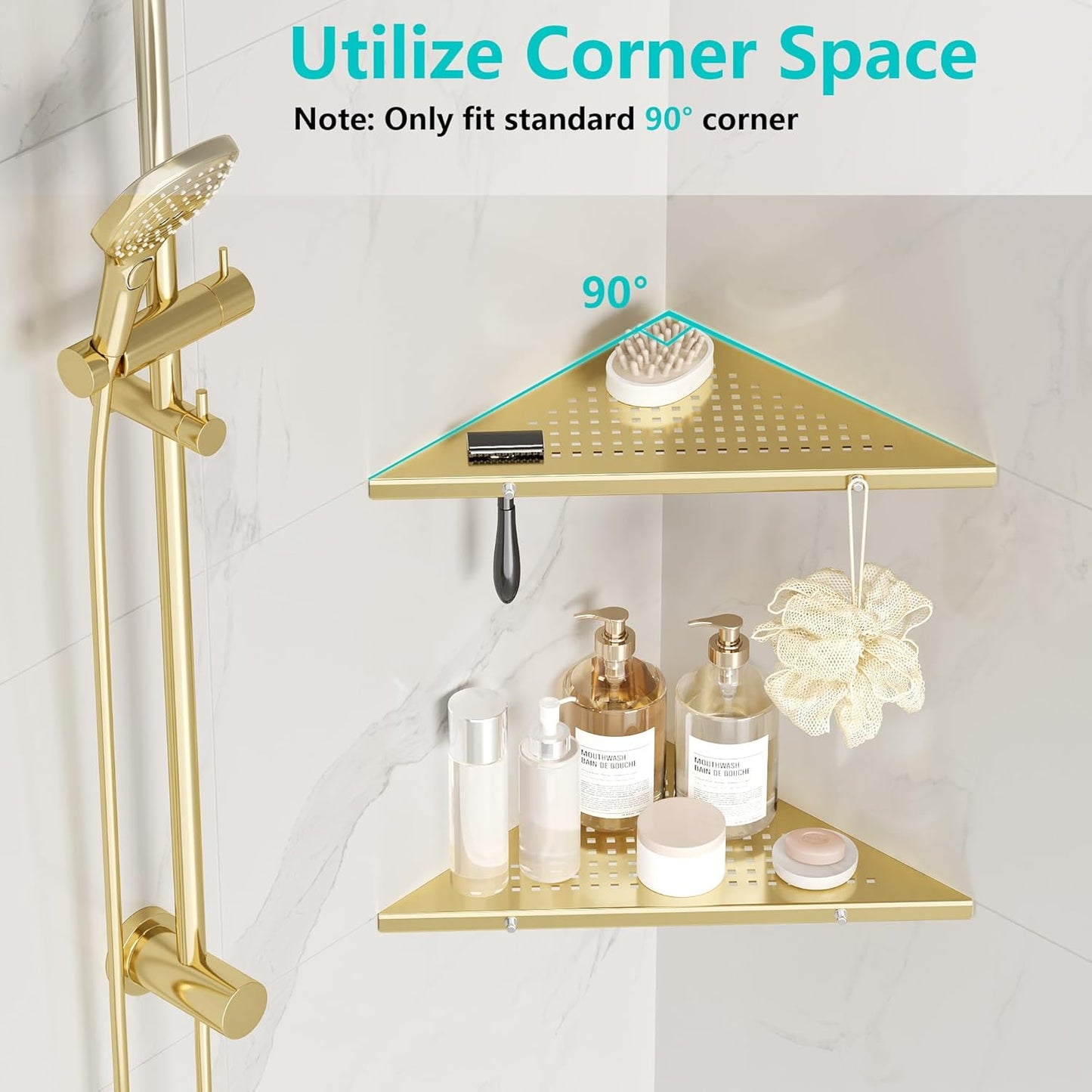 10" Bathroom Corner Shelf, 2 Pack Recessed Shower Shelf Caddy, SUS304 Stainless Steel Shelf Wall Mount Triangular, No Drilling Brushed Golden