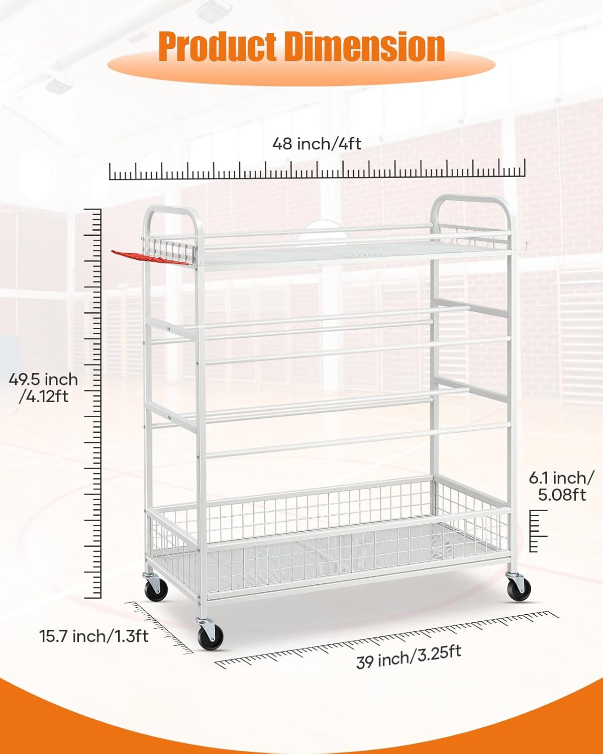 Garage Sports Equipment Organizer - Rolling Ball Storage Bin with Wheels, Garage Sports Gear Rack Outdoor Basketball Racks for Balls with Baseball Bat Holder and Hooks, Toy Organizer(White)