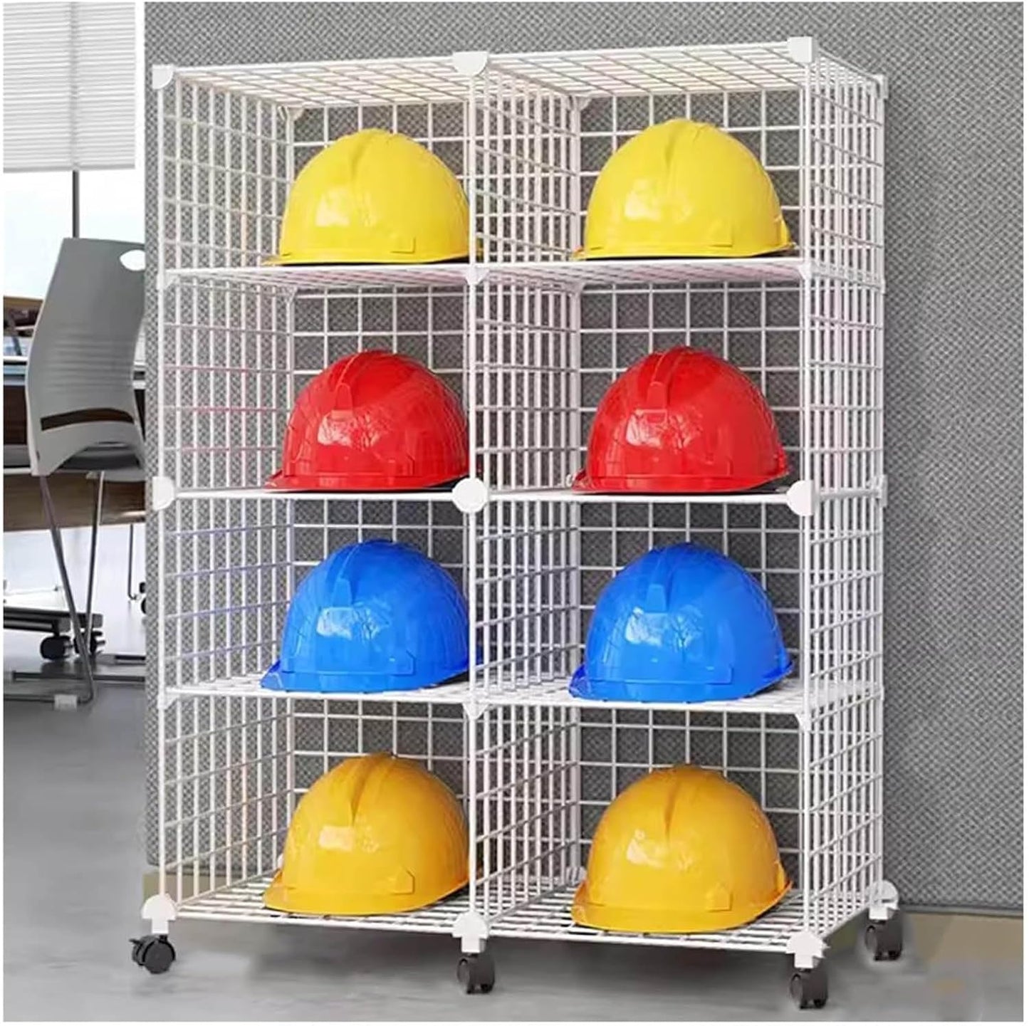 Stackable Safety Helmet Storage Boxes, Large Adjustable Hard Hat Placement Organizer Rack,with Wheels,for Construction Site/Garage/Workshop/Factory Helmet Display Shelf (White, 8 Grids-2 * 4)
