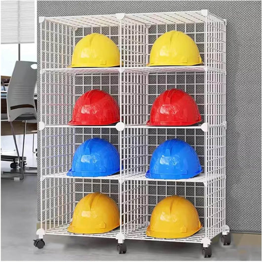 Stackable Safety Helmet Storage Boxes, Large Adjustable Hard Hat Placement Organizer Rack,with Wheels,for Construction Site/Garage/Workshop/Factory Helmet Display Shelf (White, 8 Grids-2 * 4)