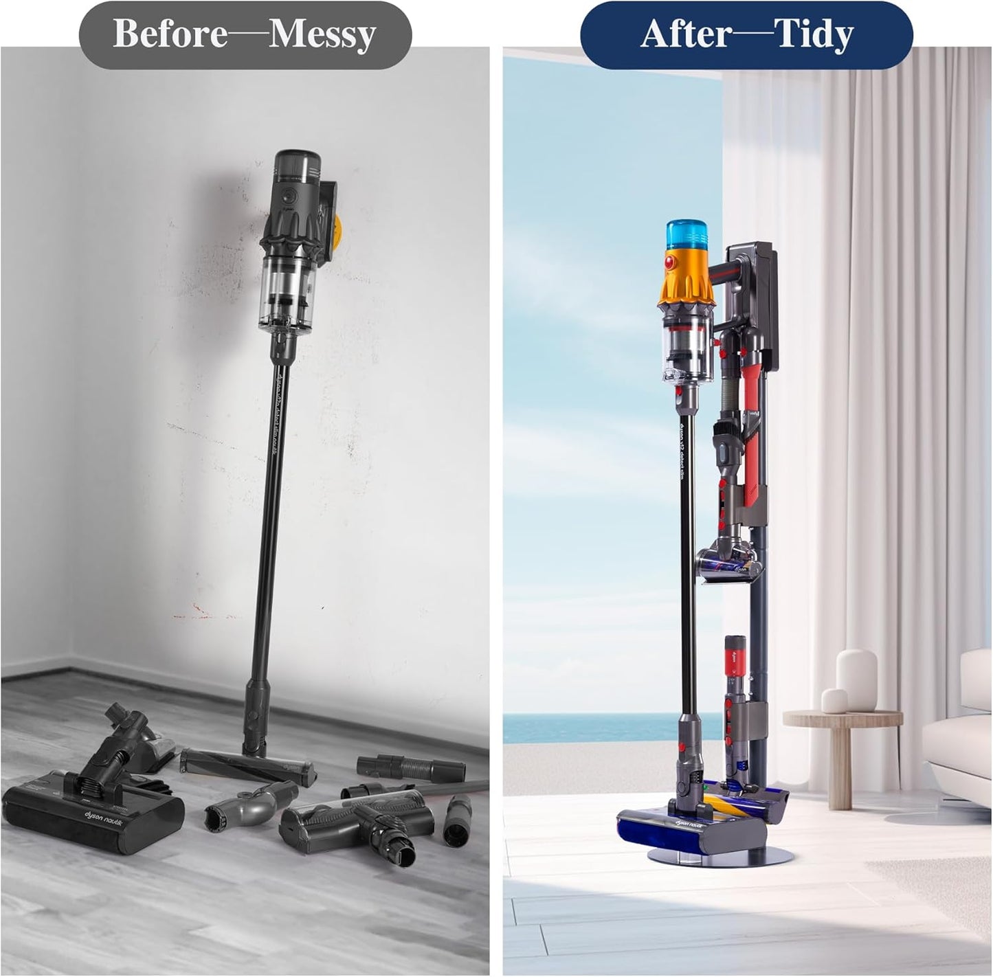 Vacuum Stand Compatible with Dyson V15, V12, V11, V10, V8, V7, Carbon Steel Floor Dock, Storage Holder with Built-in Cable Slot, 2 Clips for 7 Attachment Holder