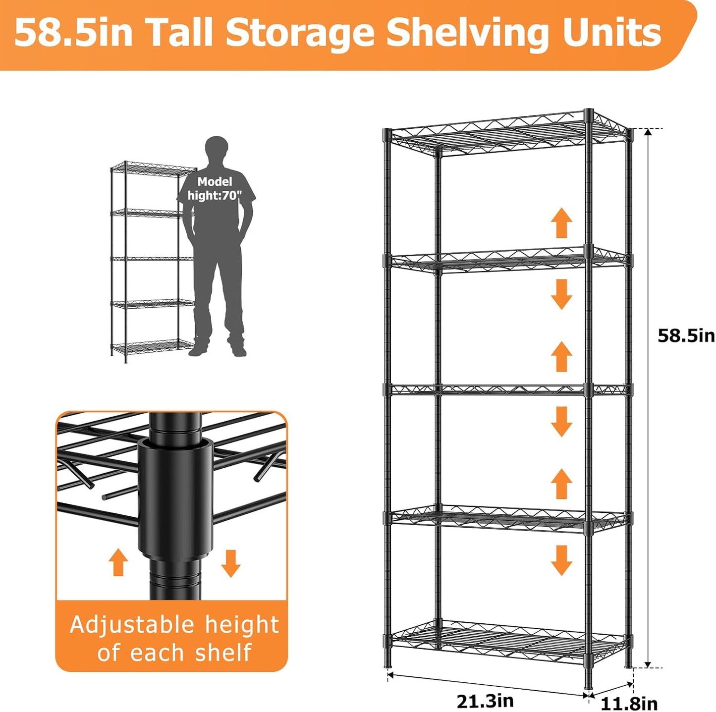 Storage Shelves,21.3" W x 11.8" D x 58.5" H Kitchen Wire Shelving Unit Loads 550LBS,5-tier Adjustable Metal Utility Shelf,Garage Shelves,Home Storage Rack for Kitchen, Laundry, Pantry and Closet