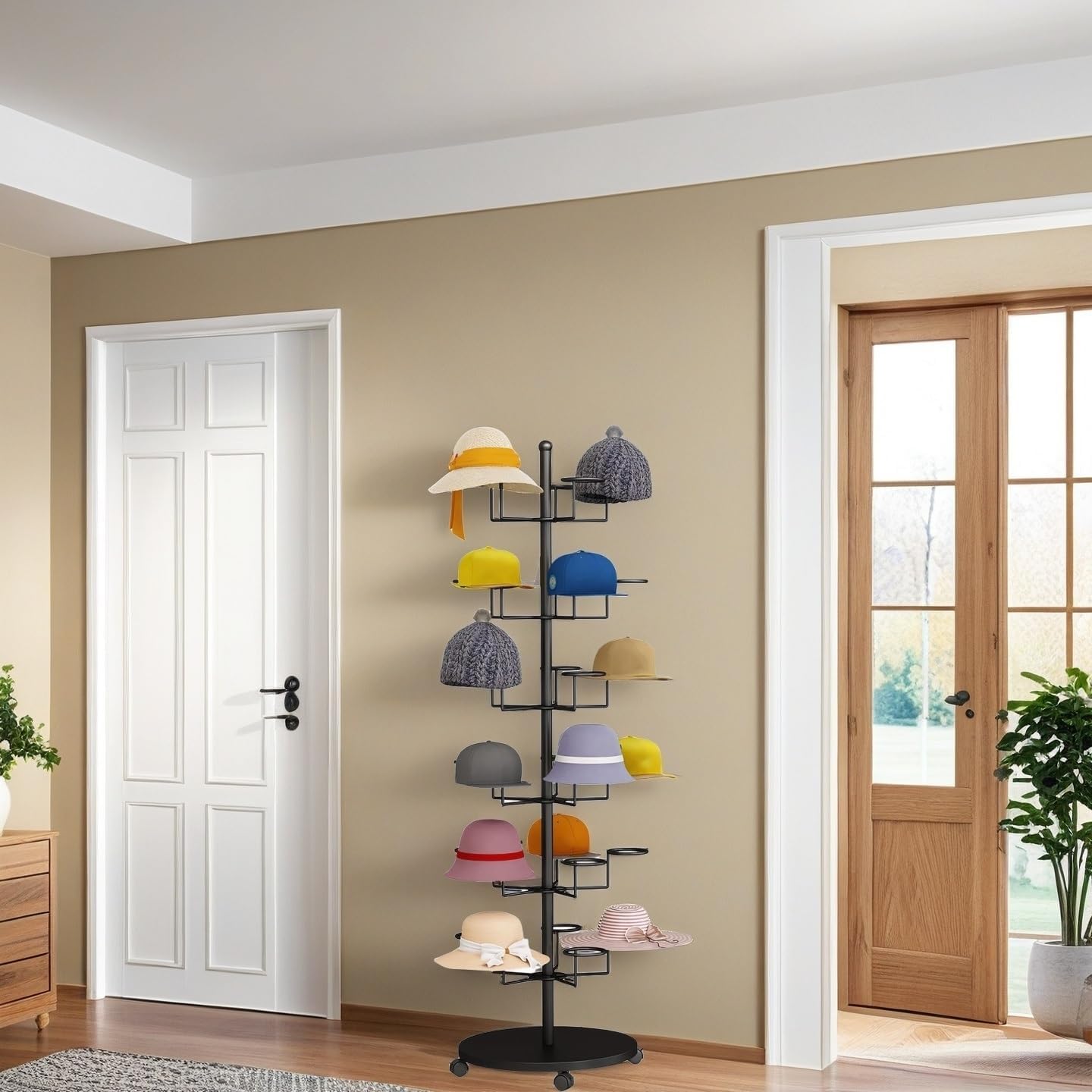 Hat Rack Stand 30-Hooks, Hat Display Stand Metal,Hat Display for Stores， Home or Store of Standing hat Rack(Black,6th Floor)