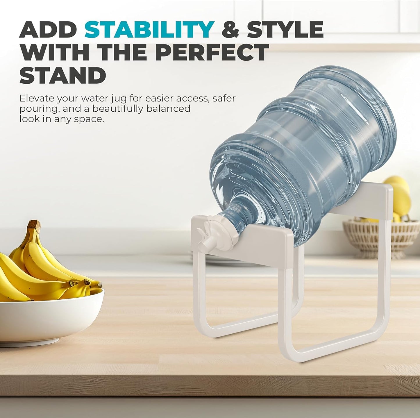5 Gallon Water Jug Stand & Holder – 3-Tier Water Bottle Rack Organizer with Stainless Steel Stand, BPA-Free Fast-Flow Spout, Heavy-Duty Wood Top Shelf for Kitchen & Office