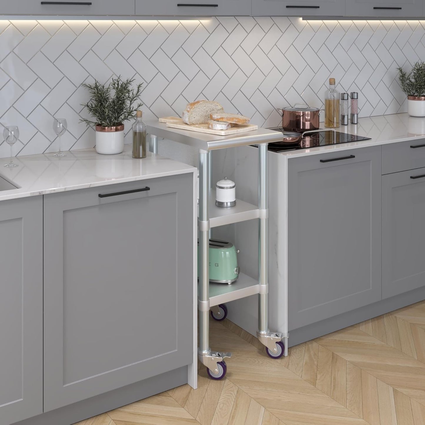 AmGood Stainless Steel Work Table with 2 Shelves and Casters | Metal Utility Table On Wheels (Stainless Steel Work Table with 2 Shelves + Casters, 15" Long x 24" Deep)