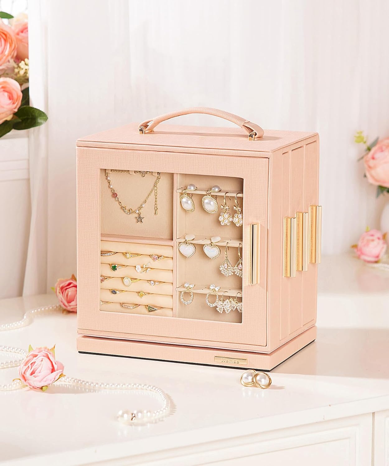 Homde Christmas Gifts Jewelry Box 360° Rotating, Necklace Earring Organizer with Transparent Window, Mirror, 7 Drawers, Large Ring Display Storage Case for Girls Women (Peach Pink)