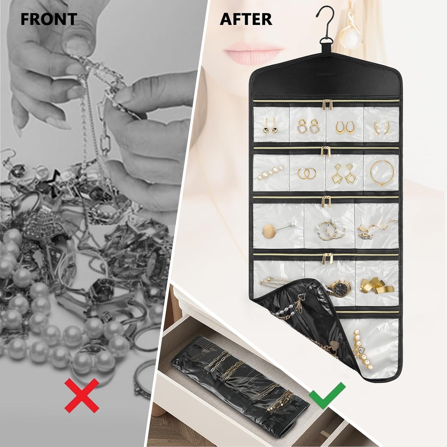 CHICECO Travel Jewelry Holder Organizer,Hanging Jewelry Organizer Storage With Zippered Pockets for Cloest,Wall,Door,Jewelry Holder for Earrings, Necklaces（Beige Black）
