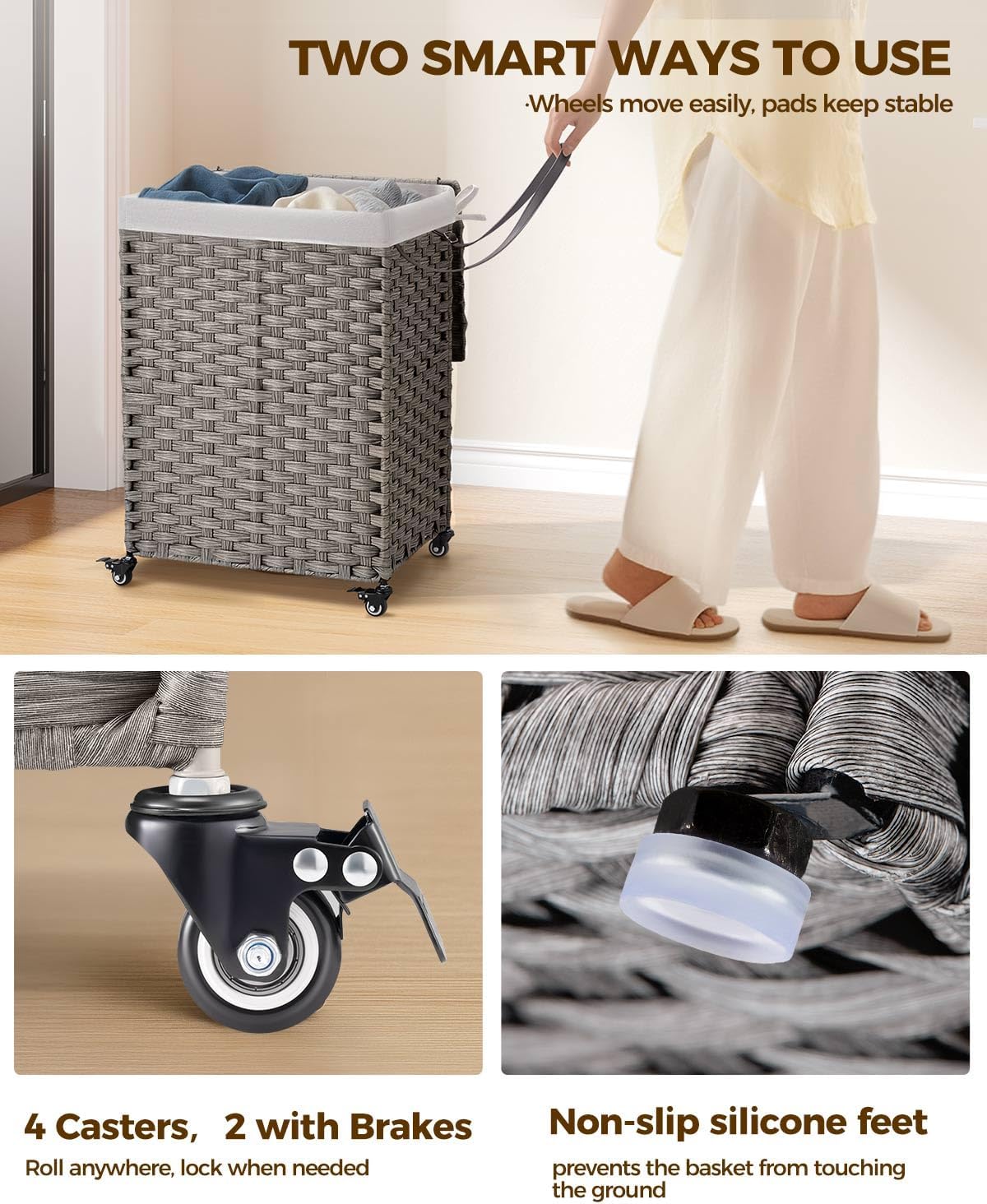 Greenstell Laundry Hamper with Wheels, No Install Needed, 90L Divided Handwoven Hampers & 2 Removable Liner Bags, Rattan Clothes Laundry Basket with Lid & Handles, Foldable Hampers Gray 18x13x26.4 In