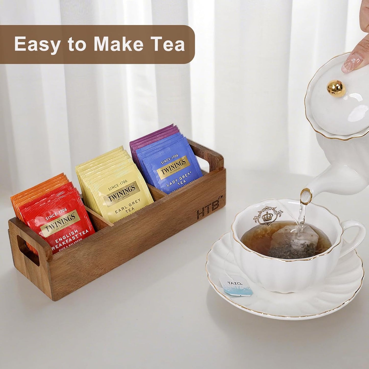 HTB Small Tea Bag Box Wooden, 3 Compartments Acacia Wood Tea Bag Chest with Handle, Mini Countertop Divided Storage Container for Beverage Supplies, Sugar, Sweeteners, Individual Packets