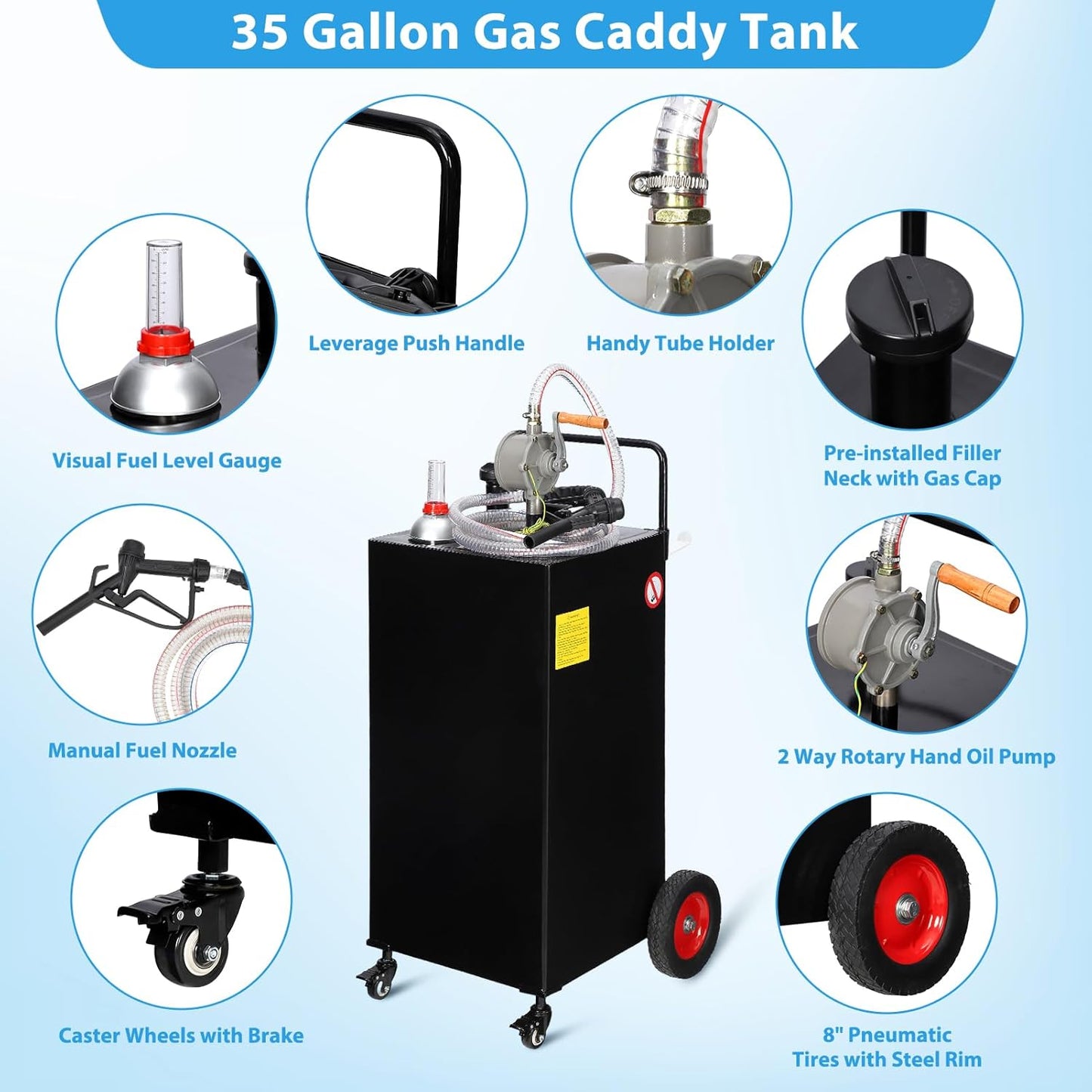 35 Gallon Gas & Diesel Fuel Caddy with Transfer Pump – Mobile Fuel Storage Tank with 4-Wheel Cart for Boats, Lawn Mowers, Snowblowers, Motorcycles & Construction Equipment - Black