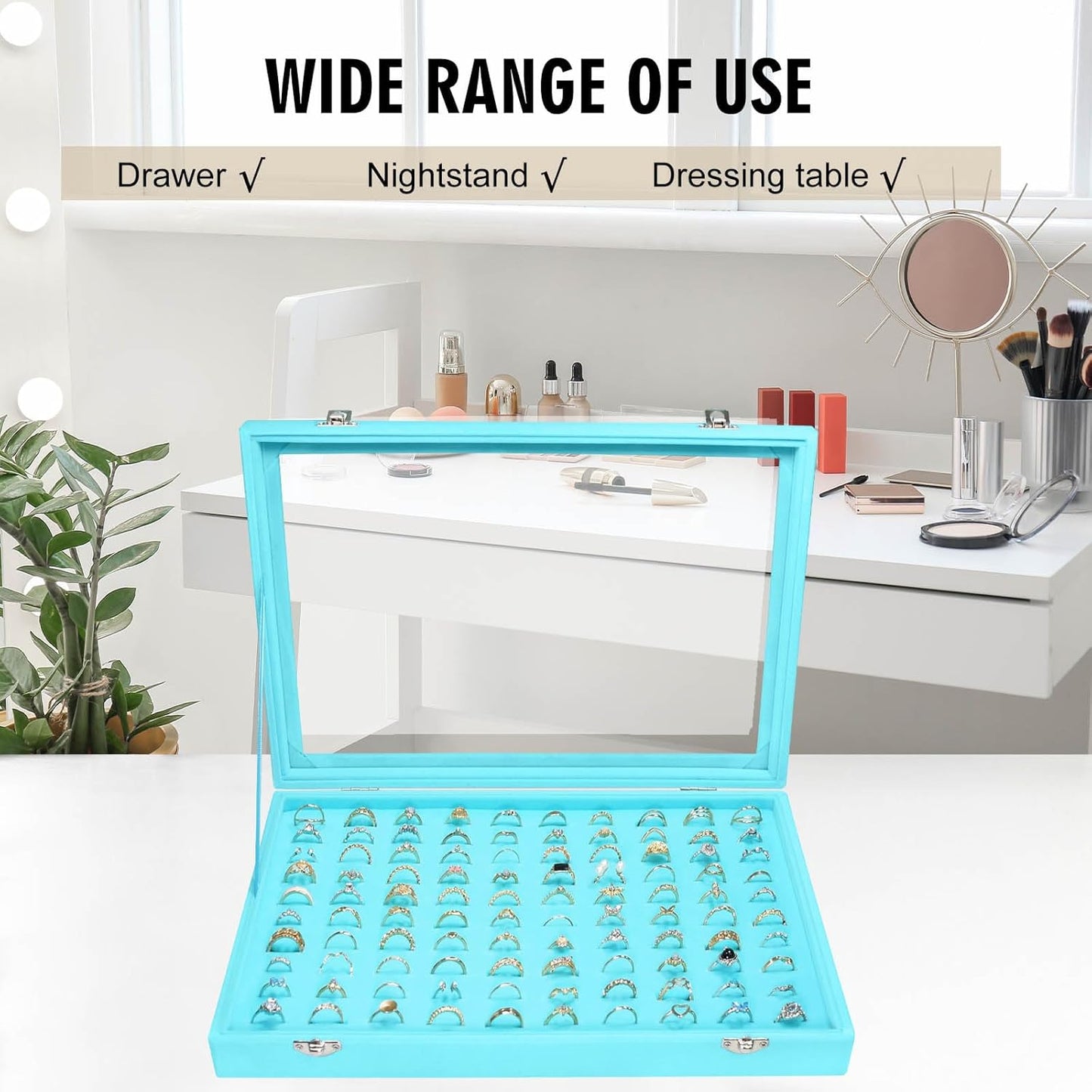 Velvet Ring Display Tray Organizer Box with Transparent Lid, 100 Slot Ring Holder Showcase For Store Display Jewelry Show Home, Ring Organizer For Rings Earrings (Light Blue)