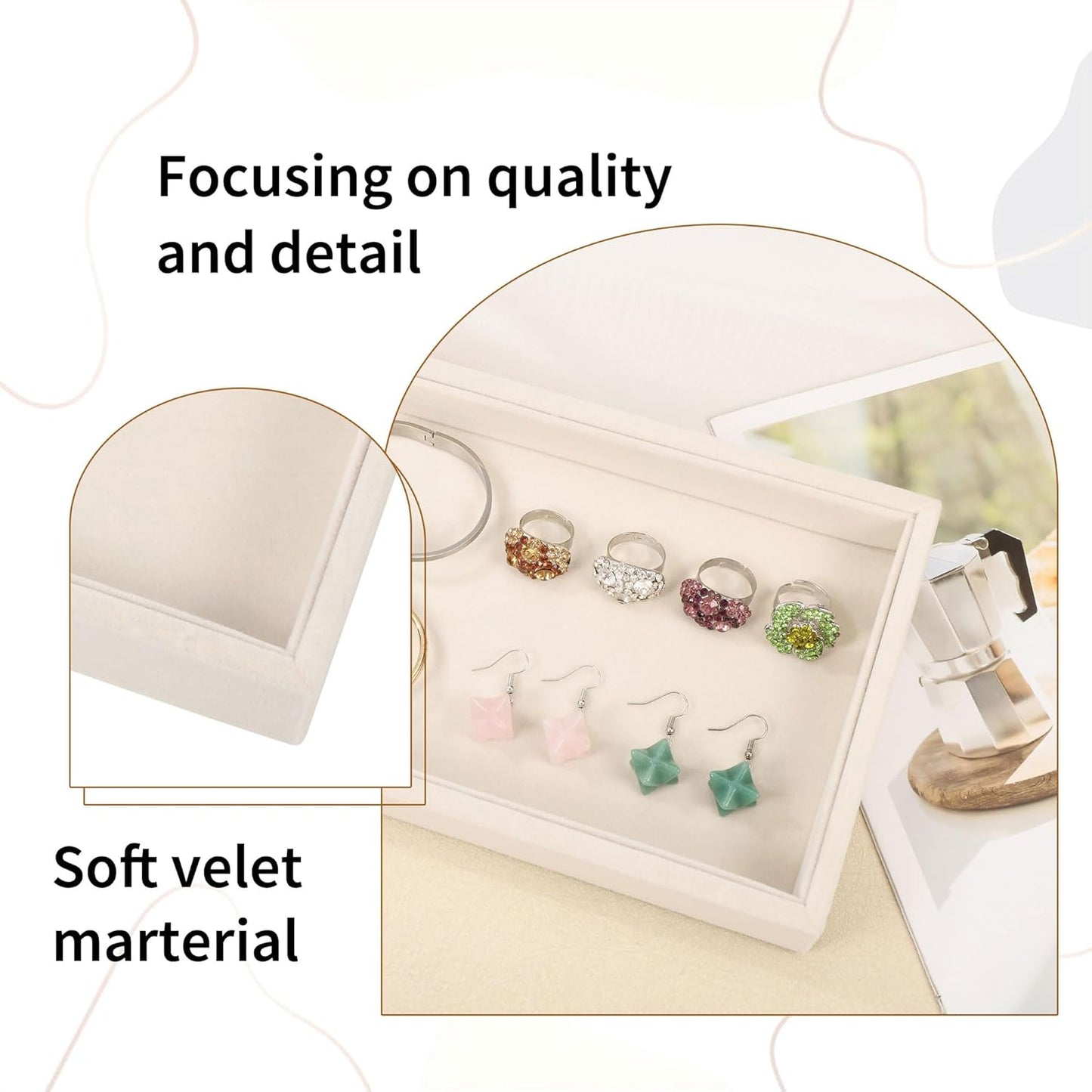 Mornajina 9" x 5.7" Velvet Jewelry Tray Jewelry Display Tray, Stackable Empty Plate Trays for Earrings Necklaces Bracelet Rings Display Showcase - Light Khaki