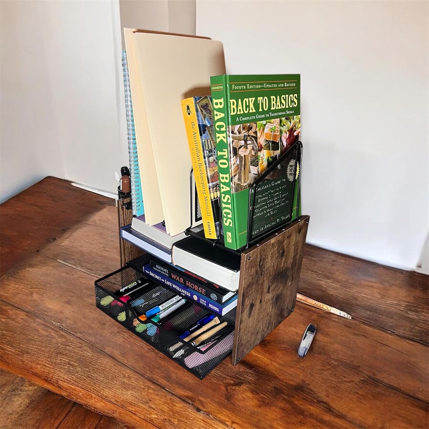 4-Tier Wood & Metal Desk Organizer – Vertical File Tray, Pen Holder & Drawer | Desktop Organizer for Home Office Supplies, Folders, Notebooks & Documents | Space-Saving Mesh Office Organizer