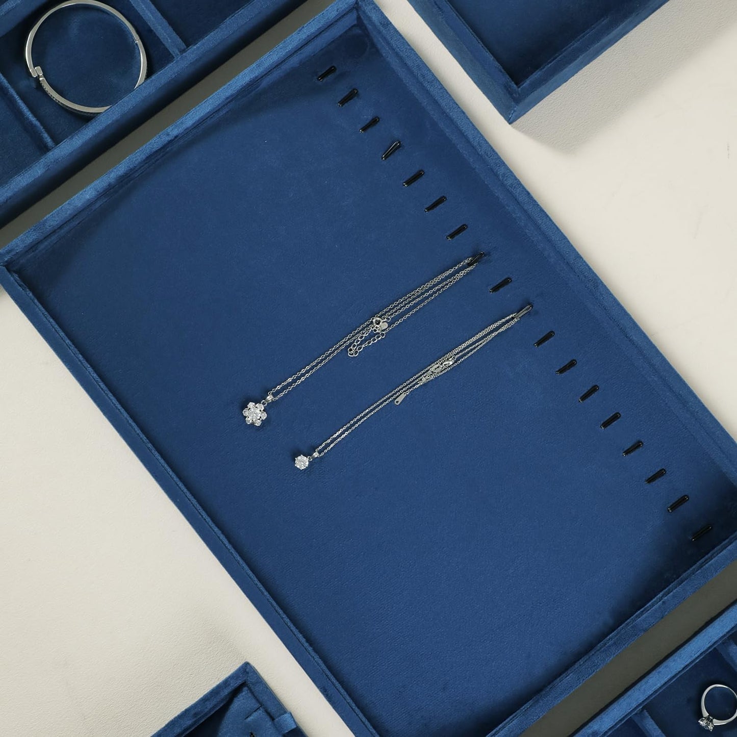 Velvet Jewelry Display Tray For Bracelet Pendant Necklace, Multi-Slot Stackable Storage Tray For Long Chain Jewelries, Drawer Insert Jewelry Organizer (Blue)