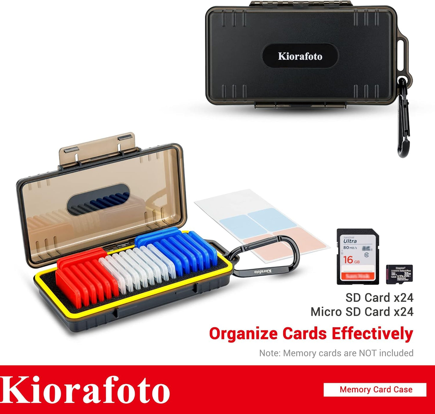 Kiorafoto Memory Card Case with 24 Pack Clear Plastic Memory Card Holders for 24 SD SDXC SDHC & 24 TF Cards,Water-Resistant Anti-Shock SD MicroSD Card Carrying Organizer Storage Protector with Labels